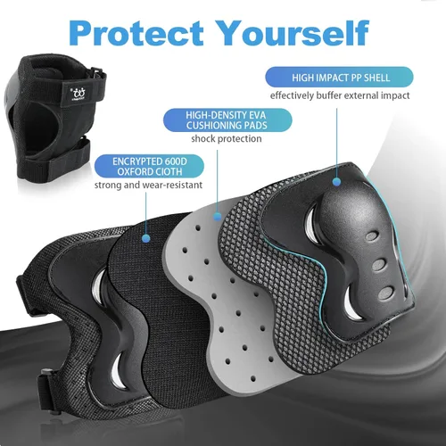 Miniatura 2 de Rodilleras para niños/jóvenes/adultos, coderas con protectores de muñeca, conjunto de equipo de protección de 6 piezas para patinaje sobre ruedas