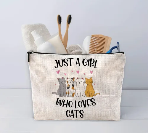 Miniatura 2 de Sufamb Just A Girl Who Loves Cats Bolsa de maquillaje, bonita bolsa de cosméticos de gatos de dibujos animados para mujeres y niñas, regalos