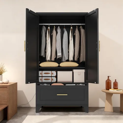 Miniatura 8 de Armario Ropero de Metal de 60" con 1 Cajón, Closet Alto Independiente Arqueado de 2 Puertas para Almacenamiento de Ropa con Estantes Ajustables