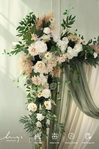 Miniatura 3 de Ling's moment Kit de flores de arco de boda con cortinas transparentes, arreglos florales artificiales de primavera de rosas verdes para telón