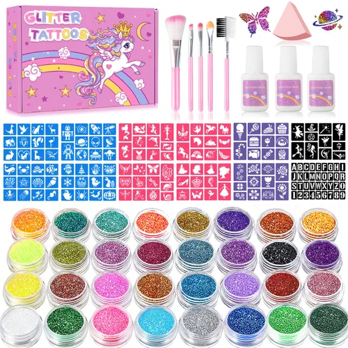 Kit de tatuajes temporales con purpurina para niños, 32 colores, 165 plantillas, 3 pegamento, 5 pinceles, 1 soplo de polvo, kit de maquillaje para