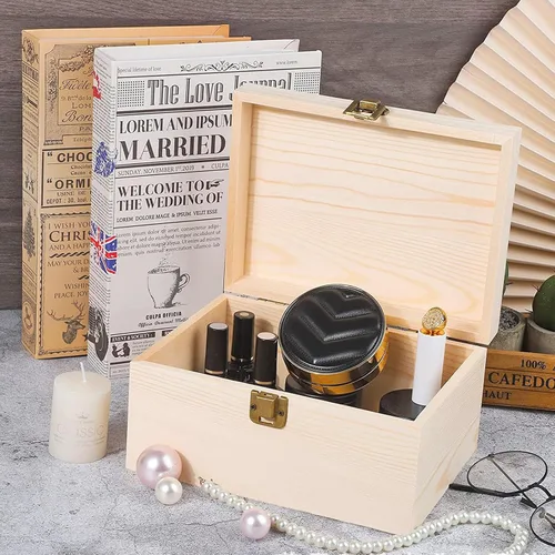 Miniatura 5 de Paquete de 2 cajas de madera sin terminar, caja grande de madera con tapa con bisagras, cierres frontales, cajas de madera natural