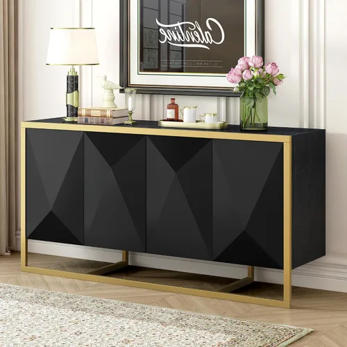 Miniatura 8 de Virubi Armario de buffet acanalado de 63 pulgadas con almacenamiento, puertas y estantes ajustables, mesa consola curva de madera con Azul marino