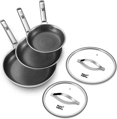 Roomena - Juego de sartenes antiadherentes con 2 tapas, sartén híbrida de cerámica tricapa no tóxica de 3 piezas, sartenes de acero inoxidable de