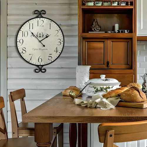 Miniatura 5 de Reloj de pared grande de 24 pulgadas, marco de hierro forjado con acabado gris cálido, reloj de pared silencioso a pilas para sala de estar, cocina