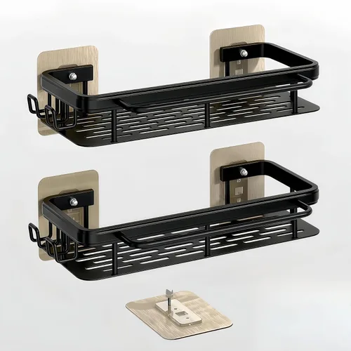 Paquete de 2 organizadores de ducha adhesivos, estantes de ducha de aluminio negro inoxidable con barras de toalla y ganchos, organizadores de baño