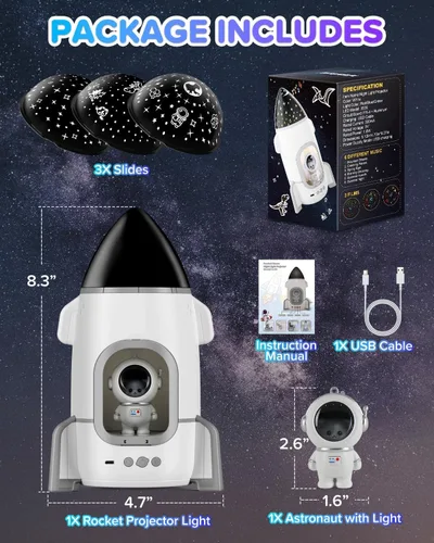 Miniatura 7 de Proyector de luz nocturna de cohete para niños y niños pequeños, juguetes sensoriales con música y películas, lámpara de luz nocturna de astronauta