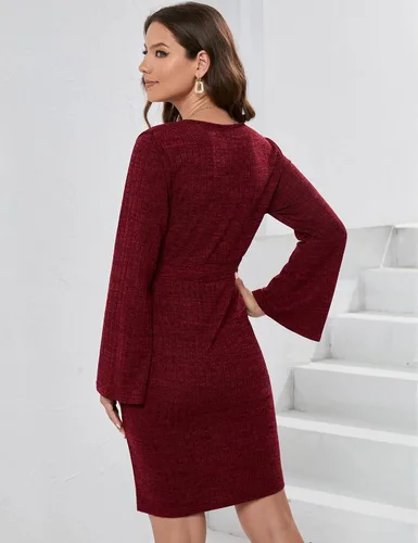 Miniatura 6 de KOJOOIN Maternity Dress Rib Knit Wrap V Neck Bell Long Sleeve Sweater Bodycon Midi Dress Baby Shower Photoshoot