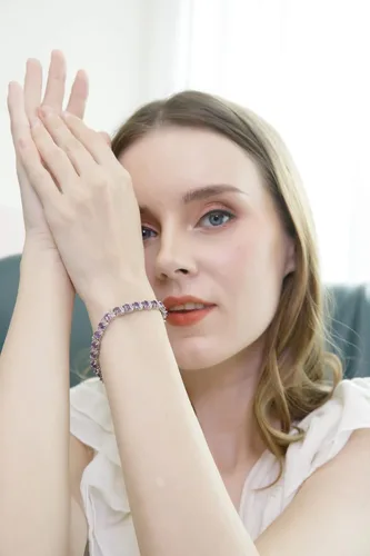 Miniatura 3 de B. BRILLIANT Pulsera de plata de ley genuina, creada o simulada con piedras preciosas ovaladas y S para mujer