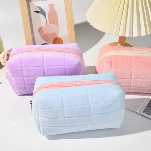 Miniatura 2 de SOIDRAM Bolsa de maquillaje de felpa para cosméticos, bonita bolsa de maquillaje estética, bolsa de maquillaje azul, bolsa de aseo de viaje
