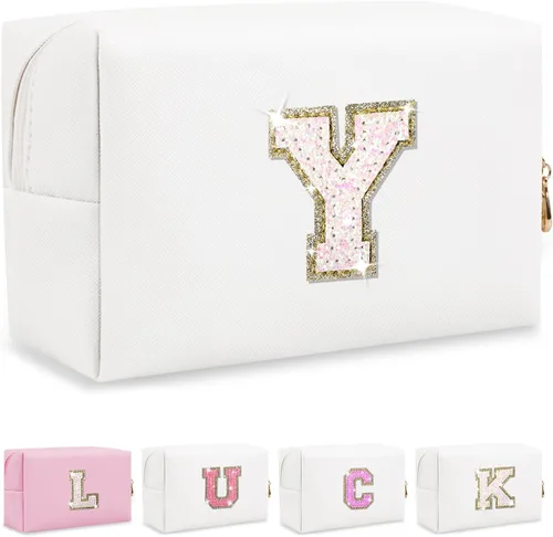 Miniatura 23 de Bolsa de maquillaje con parche de letra inicial personalizada, bolsa de cosméticos de chenilla preppy con letra de chenilla con cremallera, Y