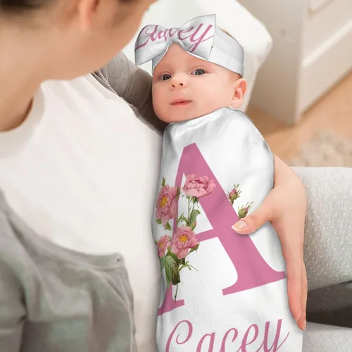 Miniatura 6 de Manta personalizada para bebé niña niño con diadema de lazo y gorro, manta de bebé personalizada con nombre, regalos para recién nacidos