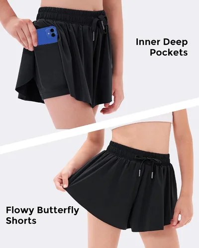 Miniatura 4 de Stelle Pantalones cortos fluidos con bolsillos para niñas, falda atlética para correr, cintura alta, mariposa, 2 en 1, pantalones cortos deportivos