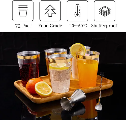 Miniatura 4 de N9R 72 vasos de plástico dorados, vasos de plástico transparente de 12 onzas con borde dorado, vasos desechables perfectos para fiestas, bodas