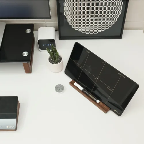 Miniatura 8 de Planificador semanal de cristal negro de escritorio, pizarra blanca de borrado en seco con soporte de madera desmontable, pequeño calendario