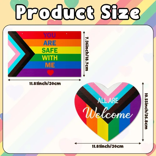 Miniatura 2 de Haooryx LGBTQ - Letrero de puerta del orgullo – 2 piezas de bandera del mes del orgullo LGBTQ+ en forma de corazón, corona de bienvenida de madera