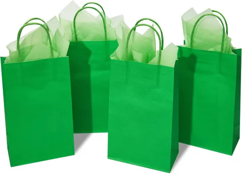 DjinnGlory Paquete de 24 pequeñas bolsas de regalo de papel verde con asas y papel de seda para recuerdos de fiesta, golosinas, pequeñas empresas,