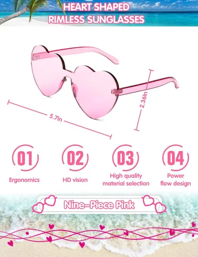 Miniatura 3 de LOHO MAGICA 9 pares de gafas de sol con forma de corazón sin montura en forma de corazón, gafas de sol para fiesta, gafas de sol de corazón