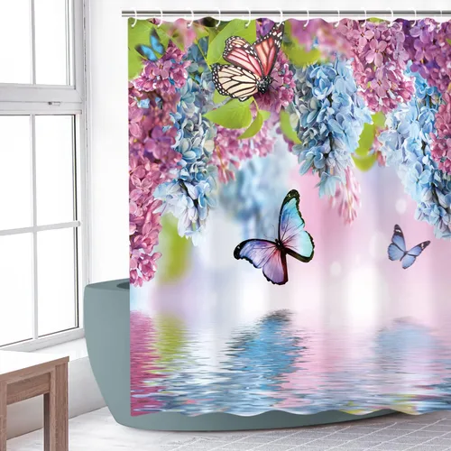 Miniatura 2 de LIVILAN Cortinas de ducha de mariposa con ganchos, cortina de ducha floral, cortina de ducha de mariposa azul, flores de acuarela y hojas verdes