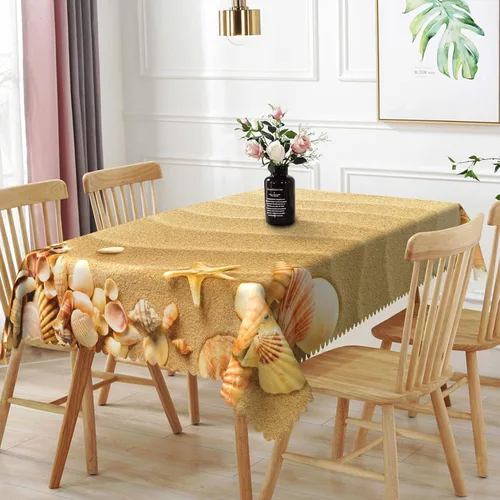 Miniatura 25 de Mantel oblongo, diseño de playa de 52 x 70 pulgadas, diseño de playa con estrellas de mar y olas de mar, con decoración impermeable y resistente a