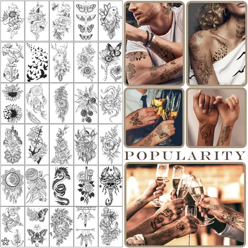 Miniatura 4 de Yazhiji 70 hojas de tatuajes temporales impermeables para niñas o niños, 10 hojas más grandes, mitad brazo, serpiente, girasol, peonía, tatuajes