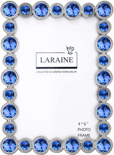 LARAINE Marco de Fotos 4x6 con Diamantes de Imitación de Metal y Cristal de Alta Definición para Mostrar Fotografías en Mesa, Decorativo para el Azul