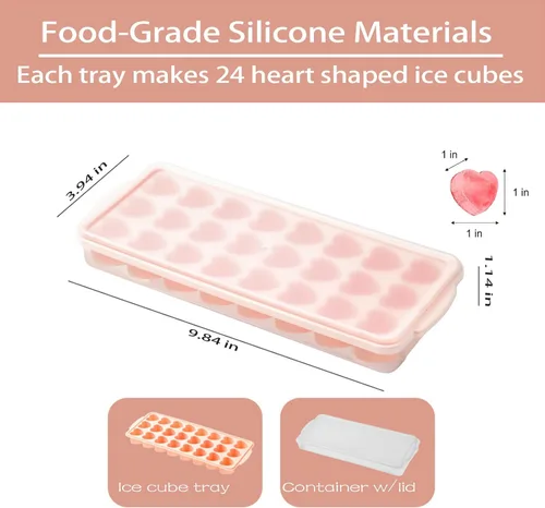 Miniatura 2 de Paquete de 2 bandejas de cubitos de hielo en forma de corazón con tapa y contenedor - 48 agujeros, bandeja de cubitos de hielo mini de corazón