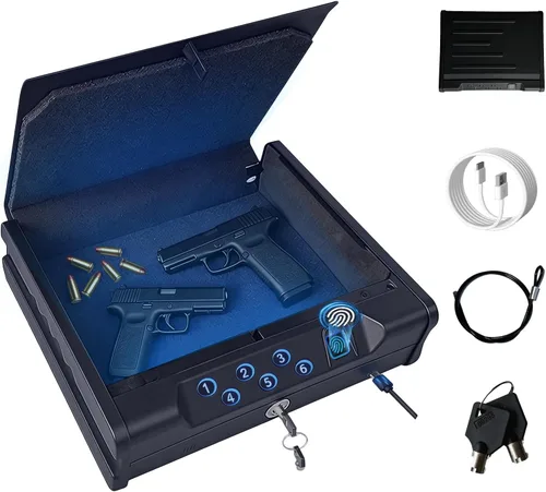 Caja fuerte para pistolas VORanexs con tres formas de acceso: reconocimiento biométrico, llave, contraseña digital. Es una caja fuerte compacta para