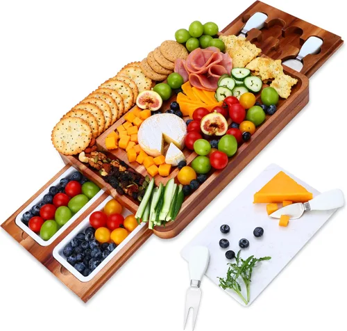 hecef Juego de tablas de queso de madera de acacia, tabla grande para charcutería con juego de cuchillos de acero inoxidable, servidor de madera