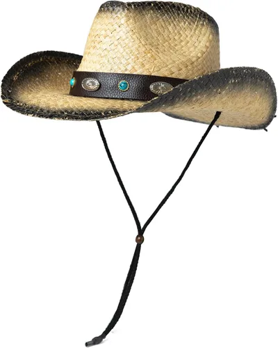 Miniatura 15 de Comhats Sombrero de paja de vaquero redondo de estilo occidental para mujer, cordón de barbilla Fedora de cuero vegano, ala moldeable, vaquera