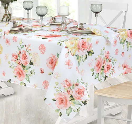 Miniatura 6 de Newbridge Marie - Mantel de tela floral, rectangular de 52 x 70 pulgadas Pétalo de rosa amarillo y rosa, resistente a las manchas y a las arrugas