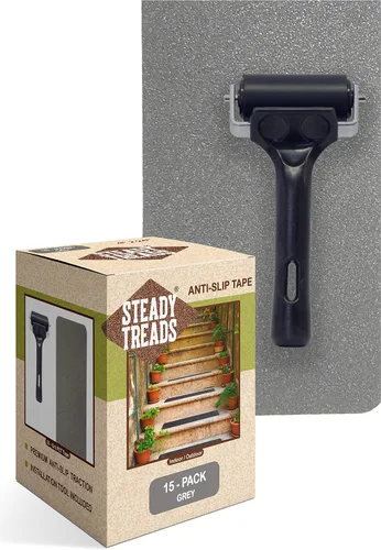 Miniatura 5 de Juego de peldaños de escalera adhesivos antideslizantes sin PVC y práctico rodillo de instalación (15 unidades - 4 x 24 pulgadas + rodillo, negro)