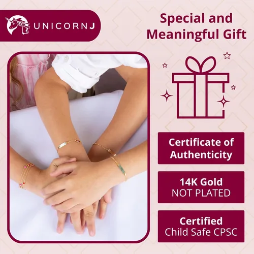 Miniatura 34 de UNICORNJ Pulsera de identificación de oro de 14 quilates grabable para niñas, niños y bebés, pulseras personalizadas con nombre de cadena Figaro
