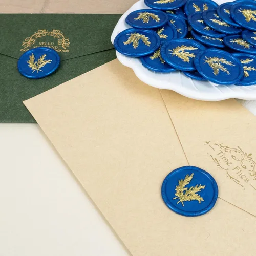 Miniatura 5 de 25 calcomanías de sello de cera dorada y azul hechas a mano, sellos autoadhesivos de cera para sobres para invitaciones de fiesta de boda, sobres
