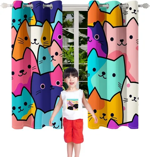 Miniatura 2 de Cortinas de Gato - Lindas Cortinas Opacas de Gato para Habitación de Niños Decoración Kawaii para Dormitorio de Niñas, 2 Paneles, 82 x 63 pulgadas