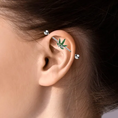 Miniatura 4 de Pierce2GO 420 Weed - Piercing de oreja industrial de acero inoxidable de grado quirúrgico 316L con circonita cúbica, piercing de oreja con colgante