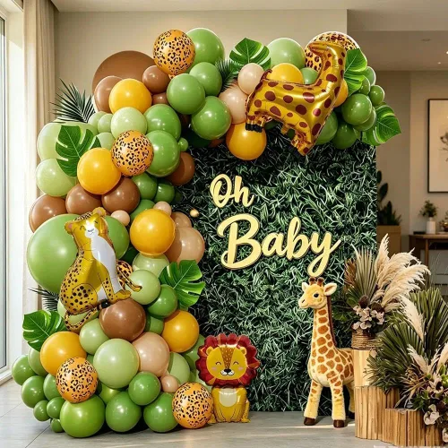 Kit de guirnalda de arco de globos de safari de selva, verde salvia, marrón, amarillo, estampado animal, hojas de palma, para Wild One, safari, baby