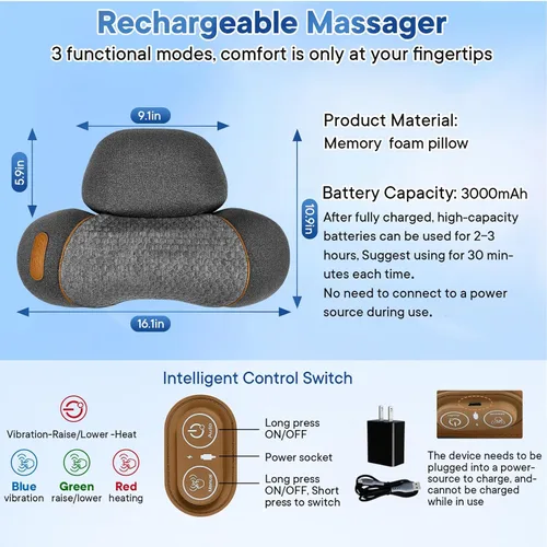 Miniatura 6 de Almohada eléctrica masajeadora de cuello para aliviar el dolor de tejido profundo, dispositivo de tracción cervical recargable 3 en 1 con calor