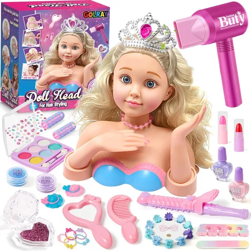 Golray Kit de maquillaje de cabeza de muñeca para peinar, arte de uñas, juguetes para niñas, juguete de peluquería/cosméticos reales esmalte de