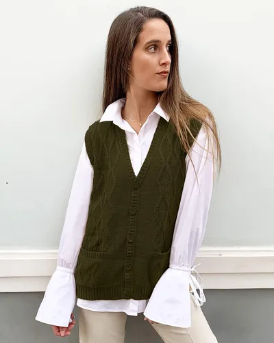 Miniatura 3 de TINKUY Chaleco peruano de lana de alpaca con cuello en V y rombos para mujer, S-4XL