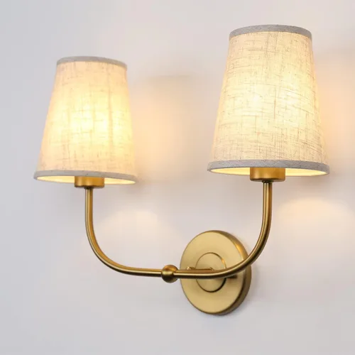 Miniatura 9 de Apliques de pared de 2 luces con embudo de tela de lino, lámparas de pared de doble luz para dormitorio, sala de estar, tocador, baño, pasillo, Latón
