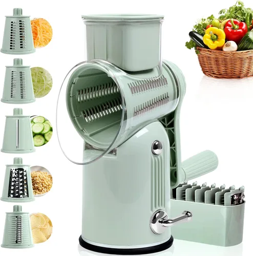 Rallador rotativo de queso con asa, triturador de verduras con 5 cuchillas reemplazables y base de succión fuerte, rebanador redondo de alimentos y