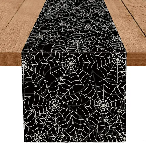 Miniatura 6 de Camino de mesa de Halloween, tela de araña, lino negro, caminos de mesa para vacaciones de temporada, interiores y exteriores, cocina, comedor