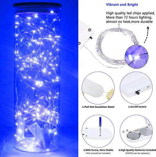 Miniatura 4 de SmilingTown 15 paquetes de luces de cadena de hadas, 6.6 pies, 20 luces LED, funciona con pilas, alambre de cobre plateado, luces de cadena Azul