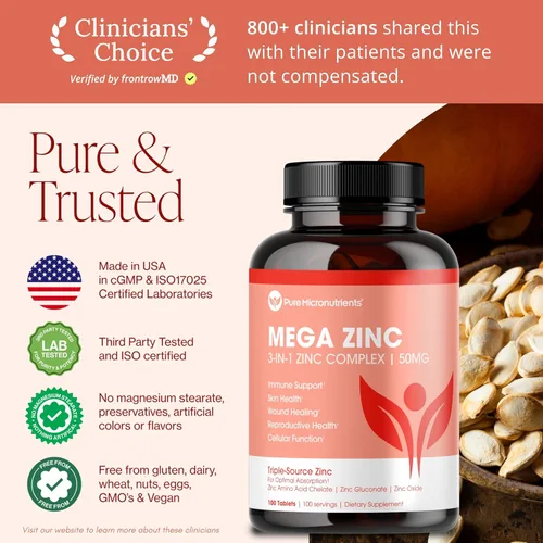 Miniatura 7 de Mega Zinc Supplement, 50mg - Complejo de Zinc 3 en 1 - 100 Tabletas - Pure Micronutrients