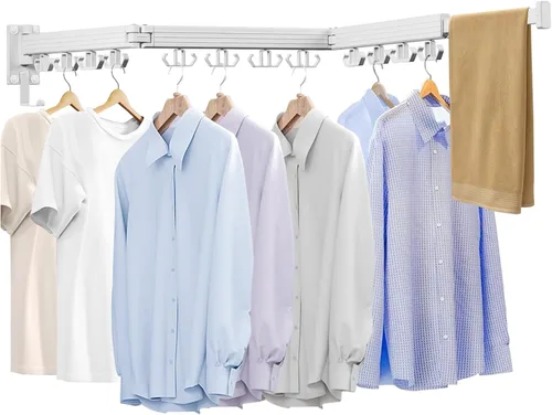 Miniatura 10 de Kelisiting Tendedero de ropa, estante de secado de lavandería montado en la pared, [sin taladrar y con taladrar para elegir] Tendederos de Blanco