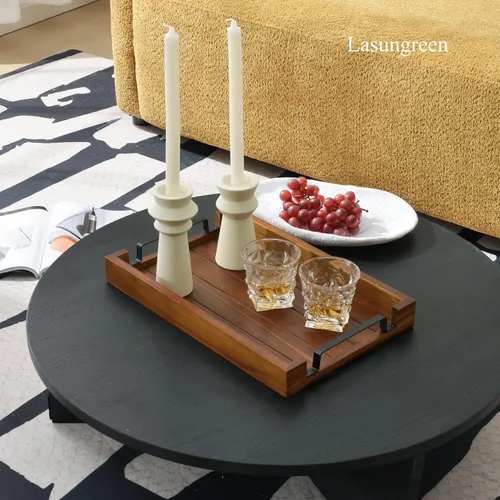 Miniatura 3 de Bandeja de madera de acacia de 17 x 11 pulgadas con mango de hierro negro. Bandeja decorativa para café, whisky, bandeja de madera para cocina, sala