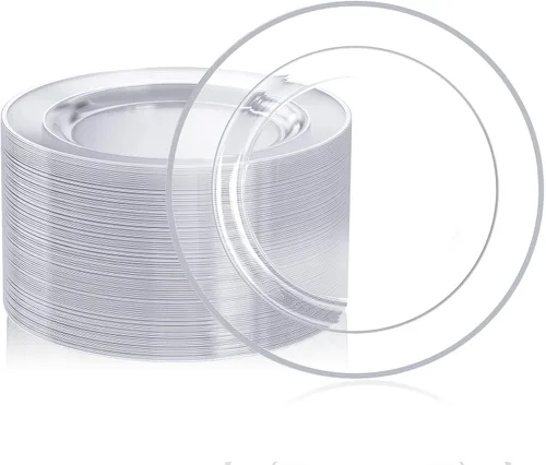 FOCUSLINE 100 platos de plástico plateado transparente de 10 pulgadas, platos transparentes desechables con borde plateado, plato de plástico duro