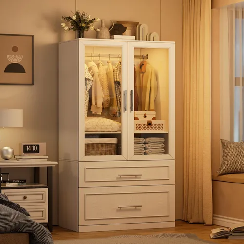 Miniatura 6 de PAKASEPT Armario Guardarropa con Puerta de Vidrio y Cajones, Gabinete Armario de Dormitorio con Barra Colgante, Armario Independiente Iluminado