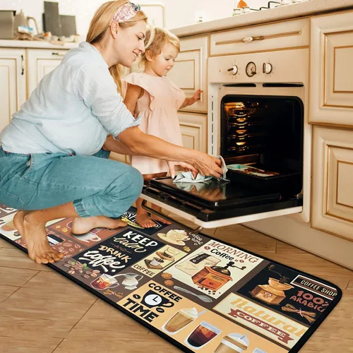 Miniatura 3 de Alfombras y esteras de cocina con tema de café (2 piezas), alfombra de cocina negra antideslizante lavable, suave, superabsorbente, juego